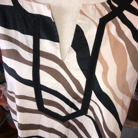 DANA BUCHMAN SIZE LARGE BLACK TAN AND GRAY STRIPED SLEEVELESS DRESS FULLY LINED - Picture 2 of 5